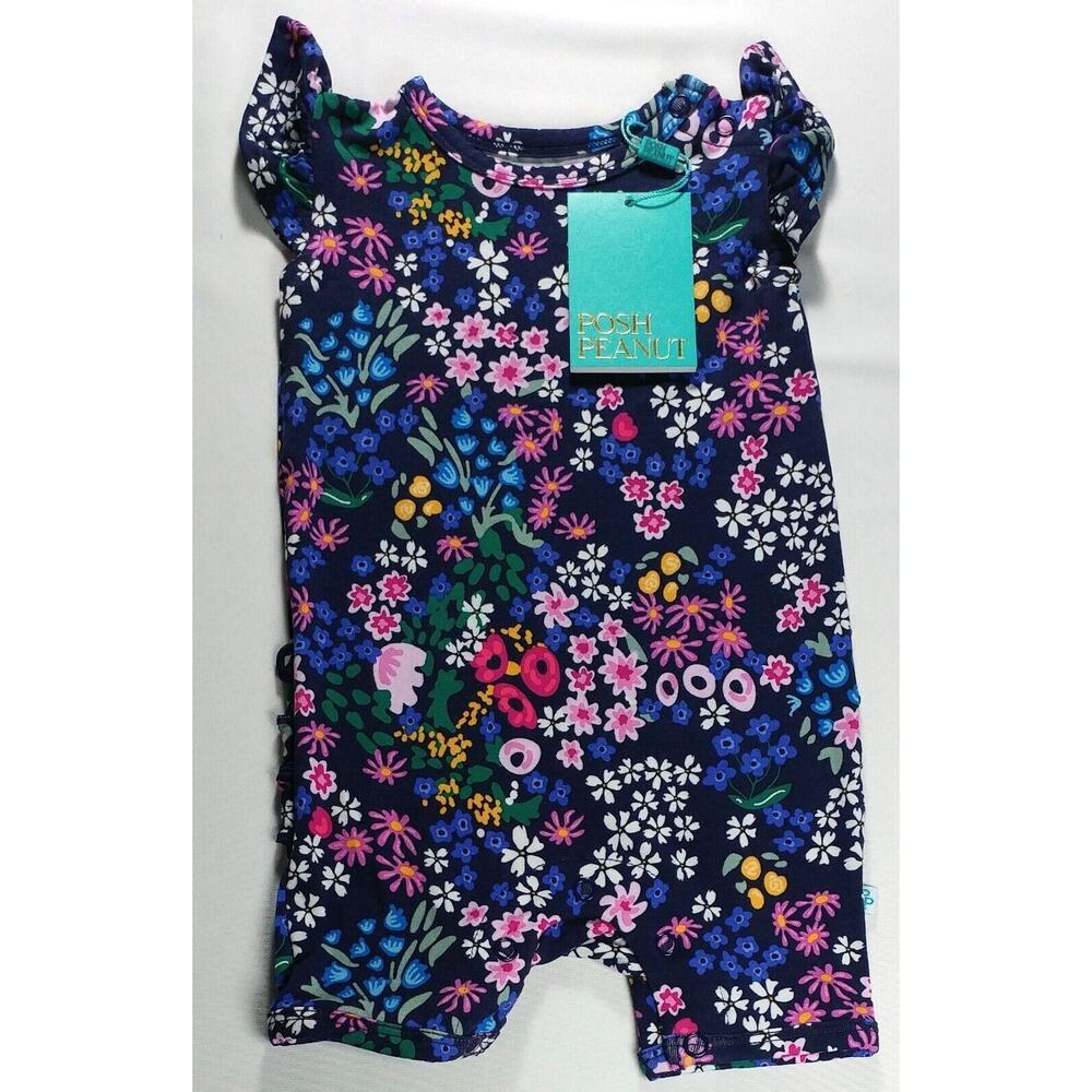 Posh Peanut Ruffled Cap Sleeve Short Length Romper 0-3 Months Endra Black Flower